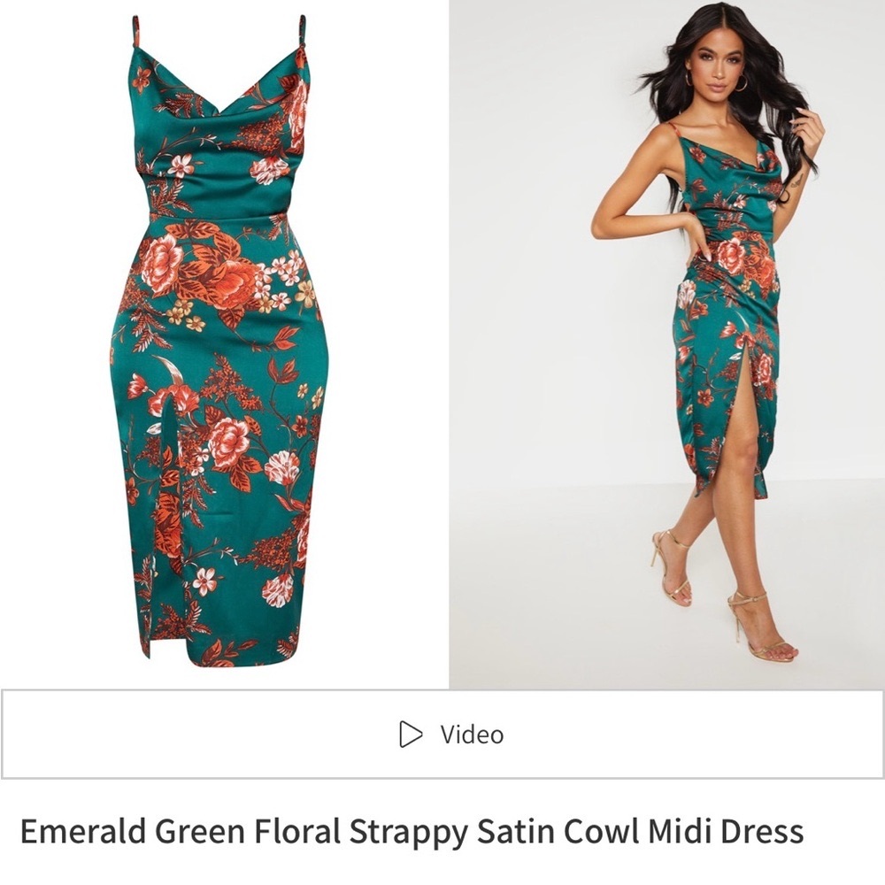 PrettyLittle Thing Emerald Floral Strappy Satin Cowl Midi Dress, Size 8, New